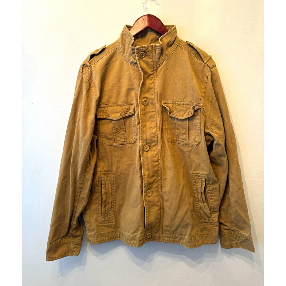Faded Glory Mens Khaki Military Utility Jacket Button Stand-Up Collar Pockets M
